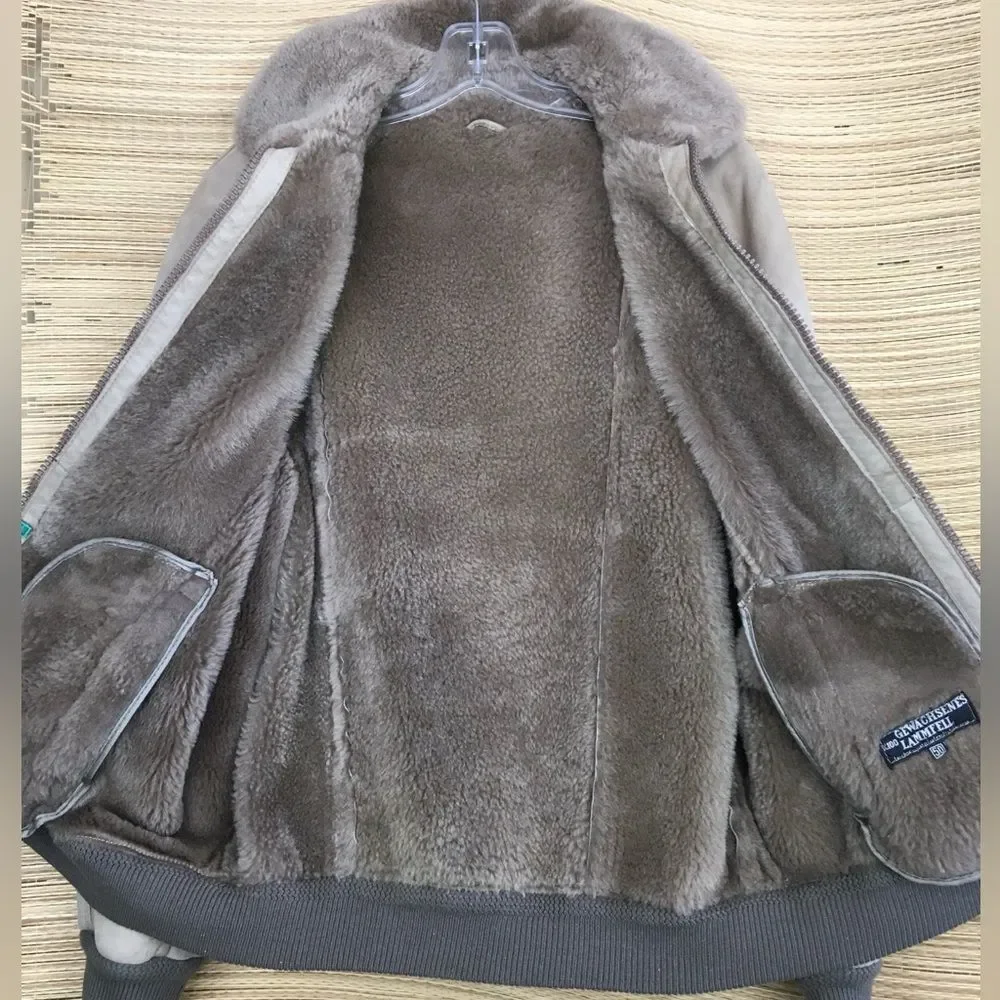 100% Gewachsenes Lammfell Suede Shearling Aviator Bomber Jacket Taupe Sz 50-US M
